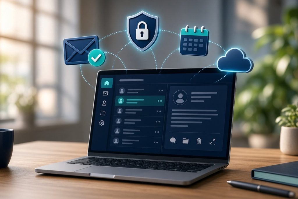 Laptop showing a business email inbox with icons for secure email, shared calendar and cloud storage, representing Microsoft 365 business email for small businesses