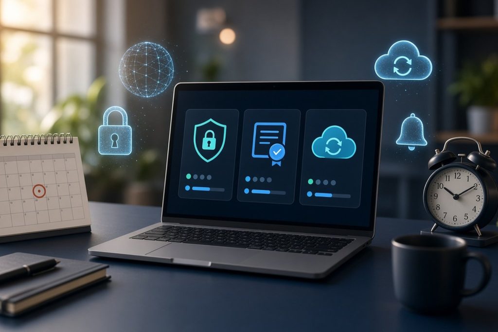 Laptop showing security, certificate and cloud backup status cards beside a calendar with a marked date and an alarm clock, representing domain, SSL and backup renewals
