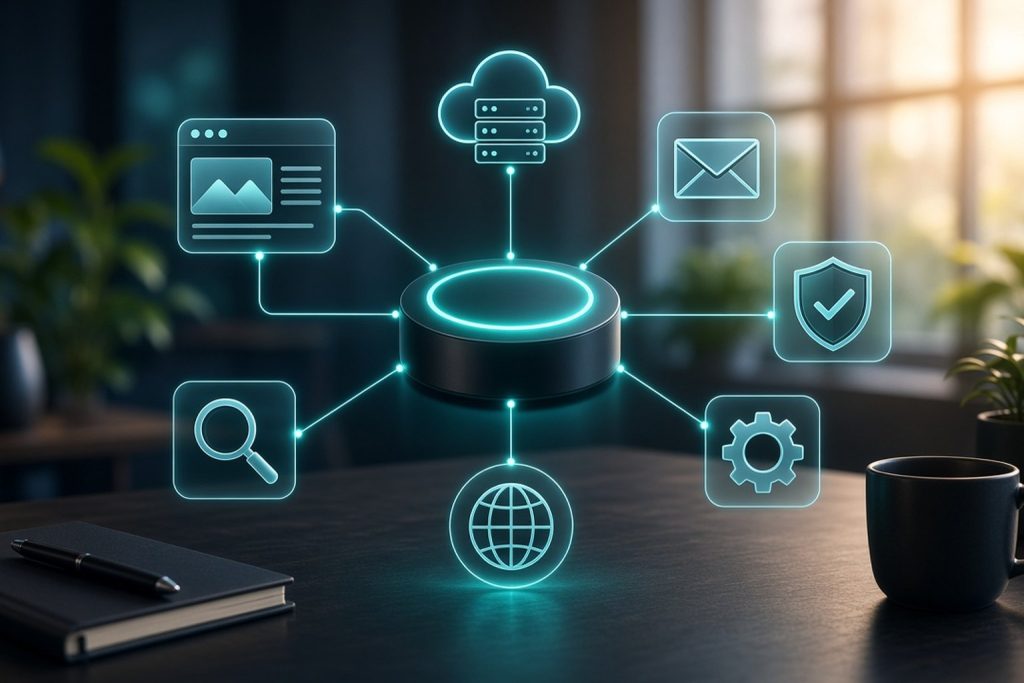 Central hub connected to icons for website, cloud hosting, email, security, settings, domain and search, representing one technology partner for all IT needs