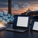 Paper export documents turning into digital files on a laptop and tablet with checklists, with a container ship at port in the background