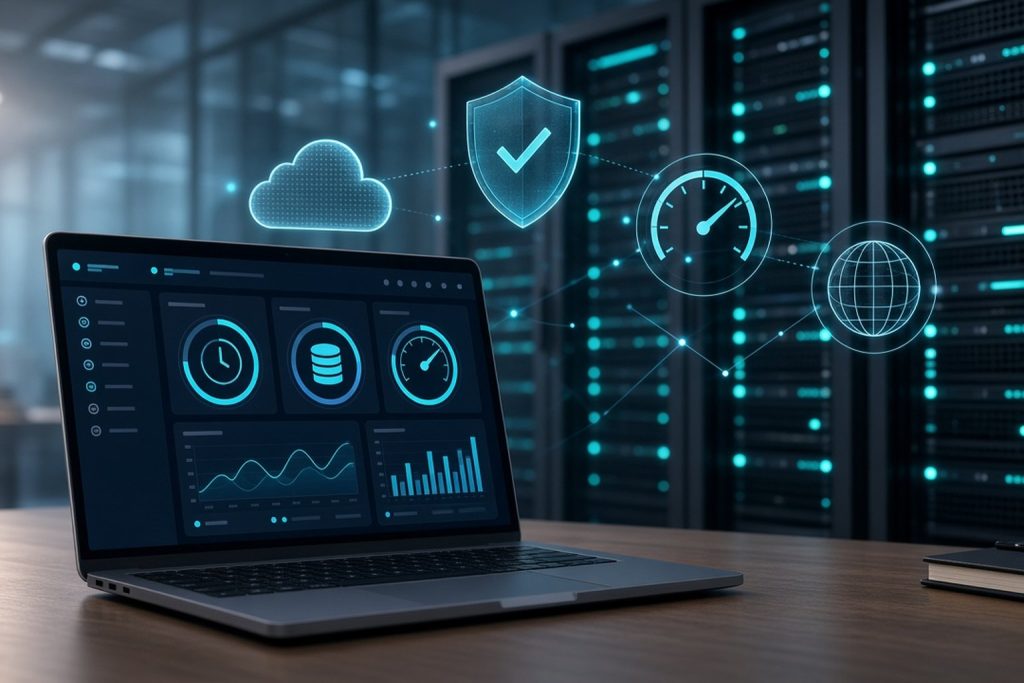 Laptop with a hosting dashboard in front of server racks, with icons for cloud, security, speed and global reach, representing web hosting for small businesses