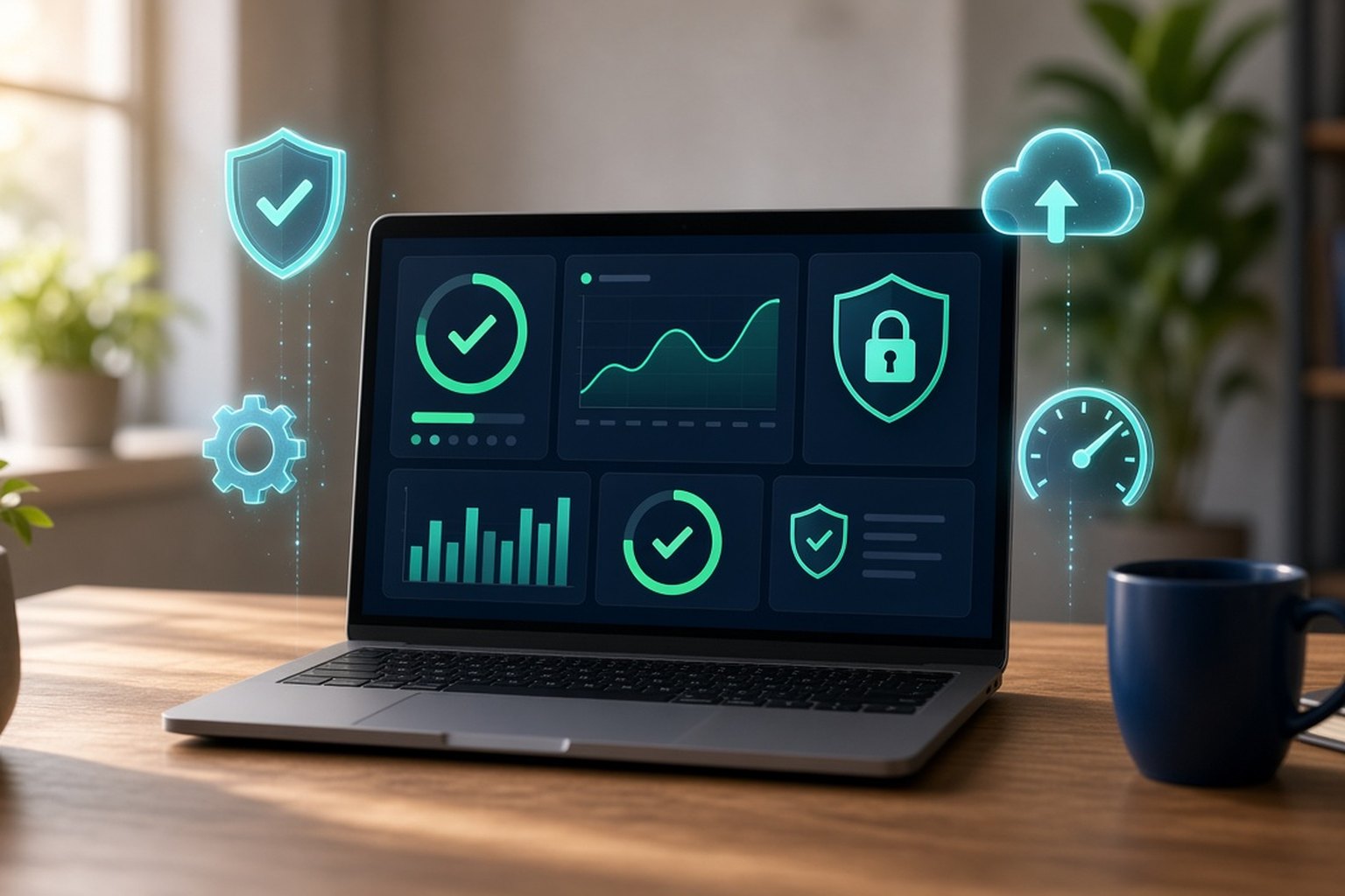 Laptop showing a website health dashboard with security, updates, backup and speed icons, representing website maintenance for small businesses