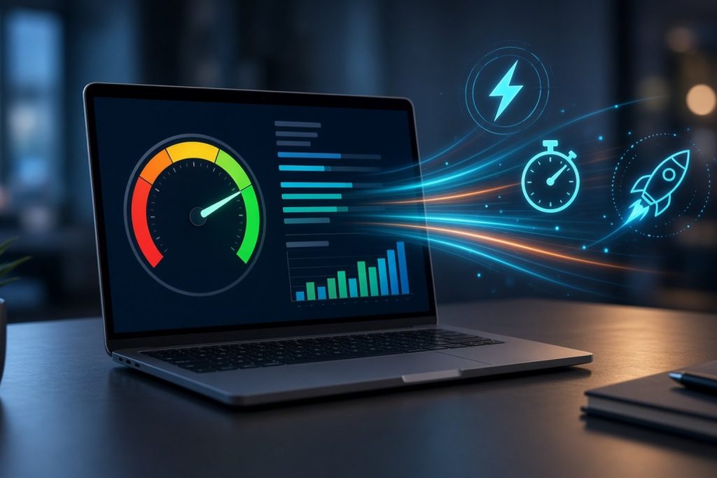 Laptop displaying a website speed gauge and performance charts with lightning, stopwatch and rocket icons, representing website speed optimisation