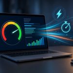 Laptop displaying a website speed gauge and performance charts with lightning, stopwatch and rocket icons, representing website speed optimisation