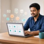 Small business owner in Gujarat using a laptop with automated workflow icons for invoices, payments, email and reports