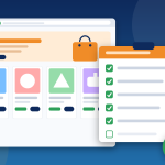 Illustration of an online store in a browser window beside a pre-launch checklist with ticked items, a shopping cart icon and a rupee coin