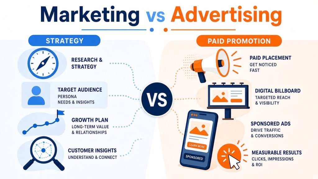 Side-by-side comparison illustration of marketing strategy and paid advertising for a small business