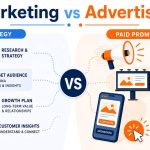 Side-by-side comparison illustration of marketing strategy and paid advertising for a small business